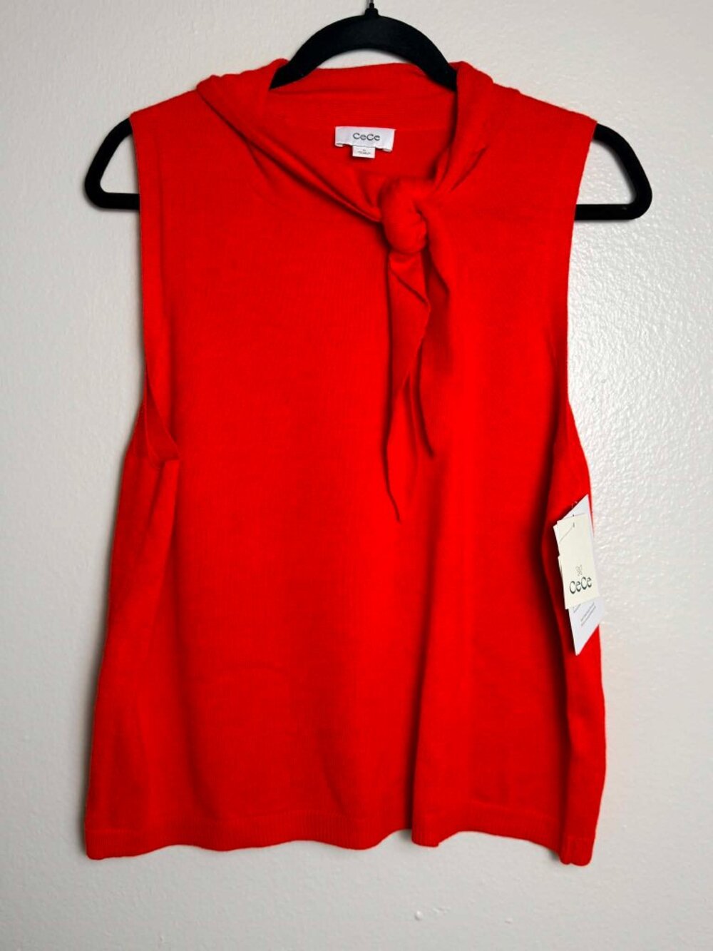 CeCe Red Sleeveless Tie-Neck Knit Top Sweater